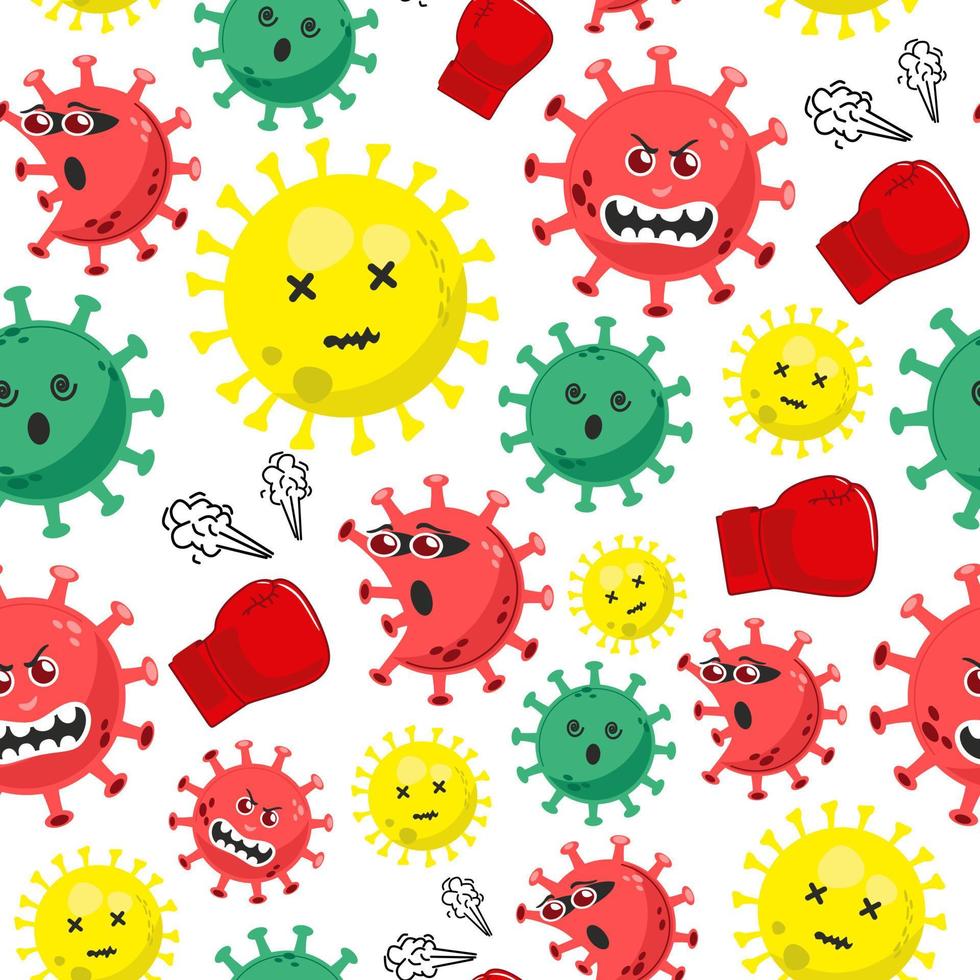 Cartoon virus and bacteria character pattern isolated on white seamless pattern background. Colorful. Red, green, yellow. Boxing or beat virus with boxing glove. Print, fabric, textile, wrapping paper vector