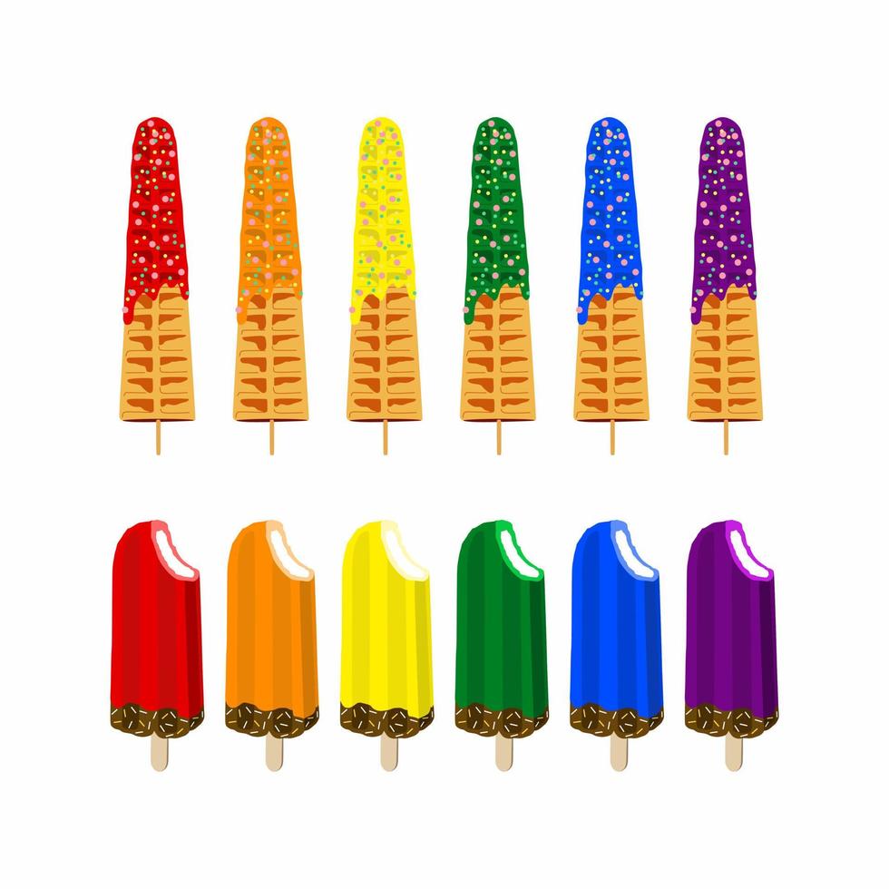Rainbow colors of waffles and ice creams. Sweet food and dessert food, vector illustration of golden brown homemade corn dog or hot dog waffle on a stick in various flavors decorations and chocolate.