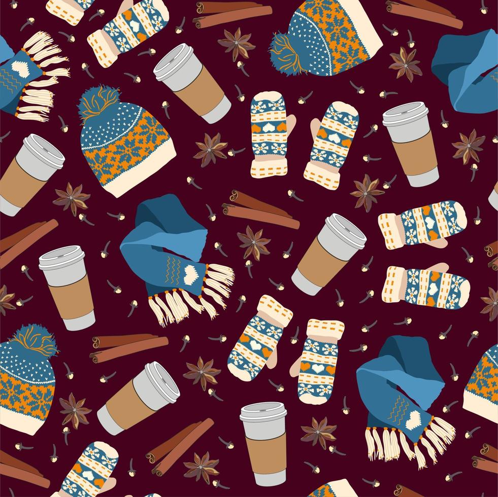 Seamless pattern with winter or autumn clothes. Mittens, cap, scarf, coffee cup, cinnamon. Textile, print, fabric, wrapping paper. vector