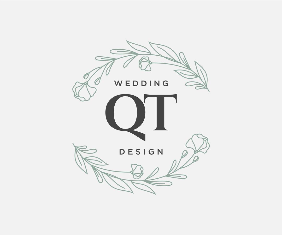 QT Initials letter Wedding monogram logos collection, hand drawn modern minimalistic and floral templates for Invitation cards, Save the Date, elegant identity for restaurant, boutique, cafe in vector