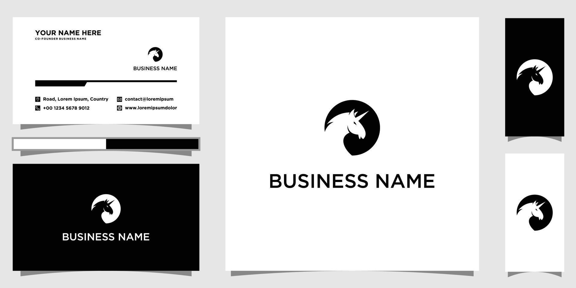 diseño de logotipo de unicornio con concepto de bloque y espacio negativo y plantilla de tarjeta de visita vector