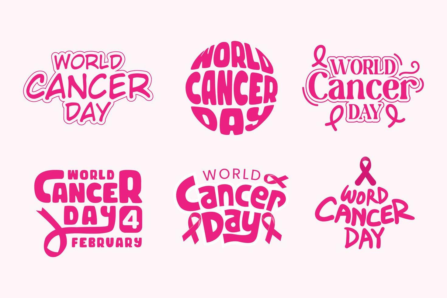 World Cancer Day Lettering and Typography Vector Illustration Set with Pink Color Ribbon. Cancer Awareness Poster Banner Template Background Design