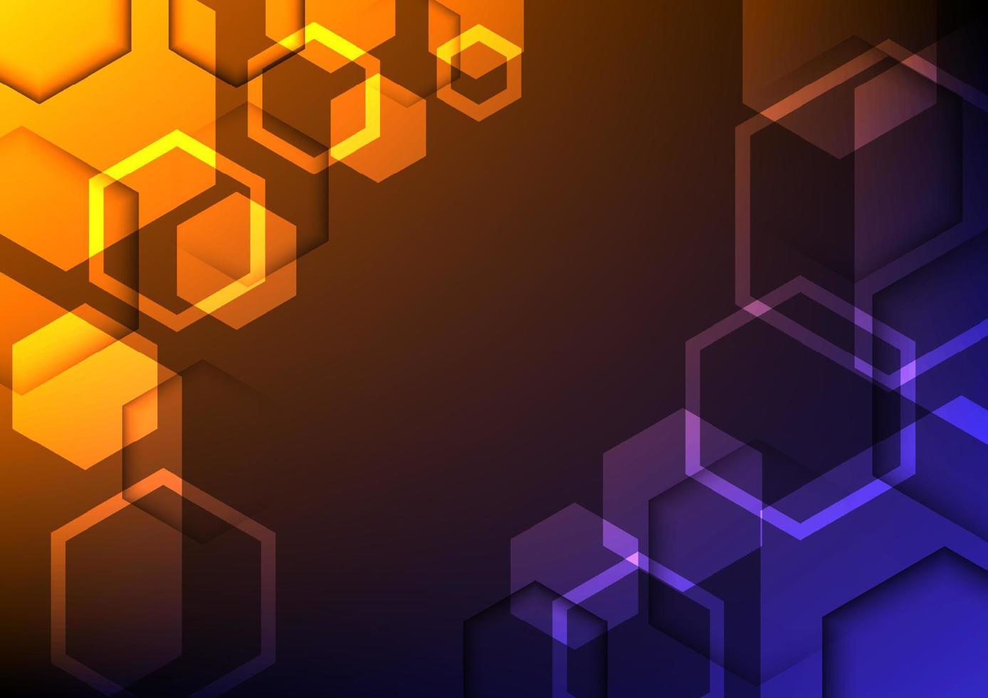technology abstract Bright overlapping hexagons on a gradient background. orange and blue vector