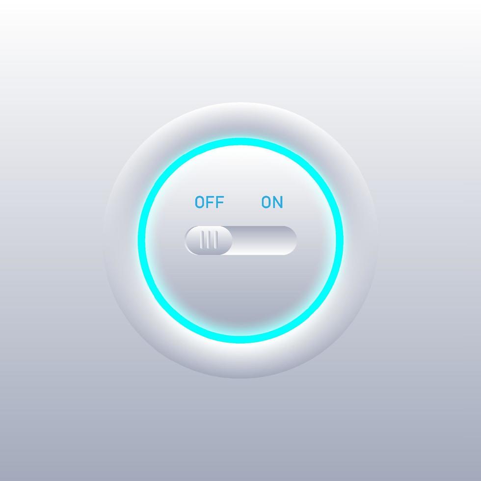 botón de interruptor mínimo blanco limpio con anillos azules brillantes sobre un fondo degradado. vector