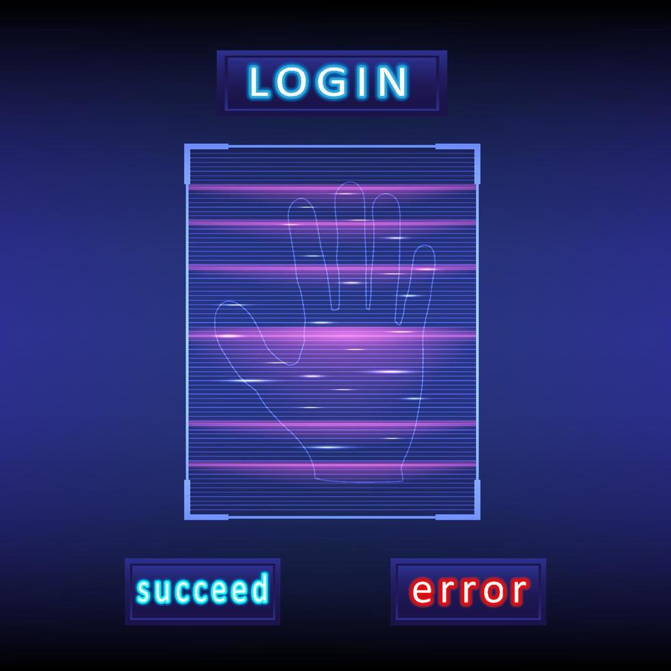 seguridad de tecnología de fondo abstracto escaneando a mano el acceso al sistema de línea vertical con luz brillante. hay botones y letras que brillan. sobre un fondo azul degradado vector