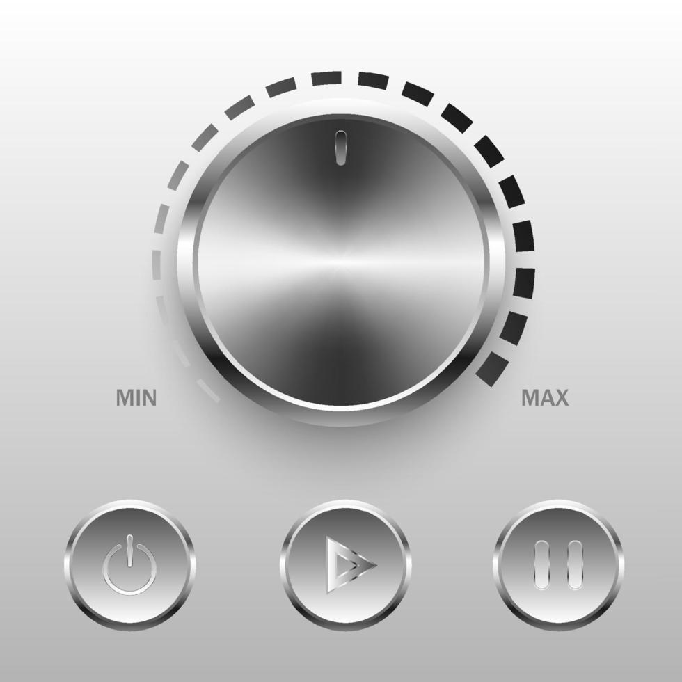 juego de cuatro botones interruptor de volumen circular grande de acero inoxidable con un brillo reflectante hay una línea en el exterior botón mediano hay un ícono en el medio. fondo degradado gris vector