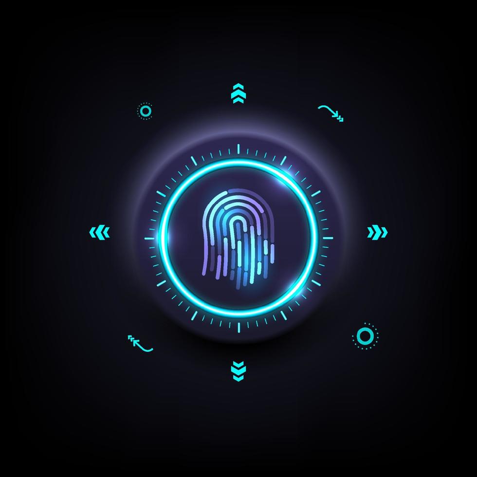 Hi-tech push button There is a blue glowing circle. In the middle there is a fingerprint scanner on the outside around the button with glowing elements. vector