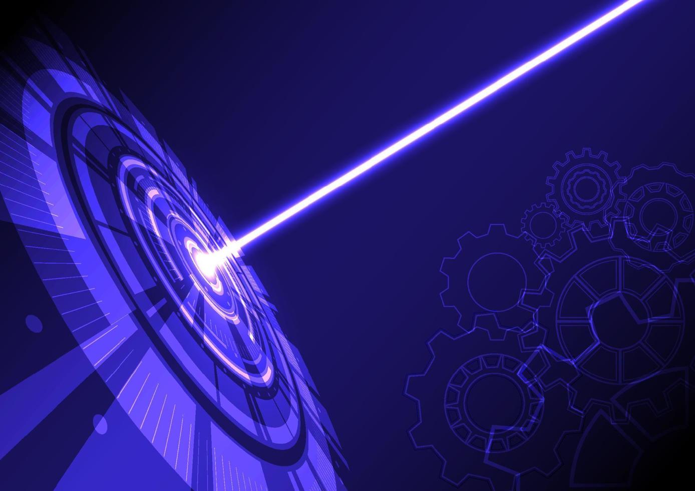 Hi-tech background Perspective angle tech circle with laser beam in center with cog in bottom corner on gradient blue background. vector