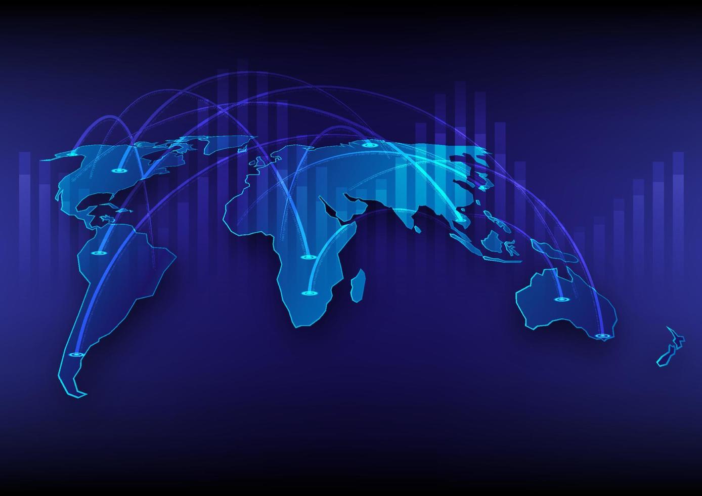 Abstract technology perspective map glowing blue, with curved lines and binary numbers connecting each continent. There is a bar graph that grows below. on gradient background vector