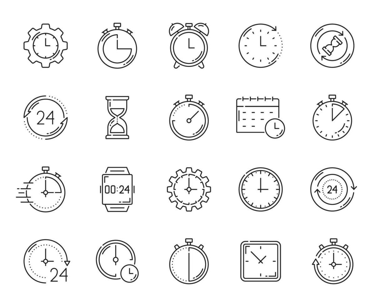 Timer clock, stopwatch and calendar outline icons vector