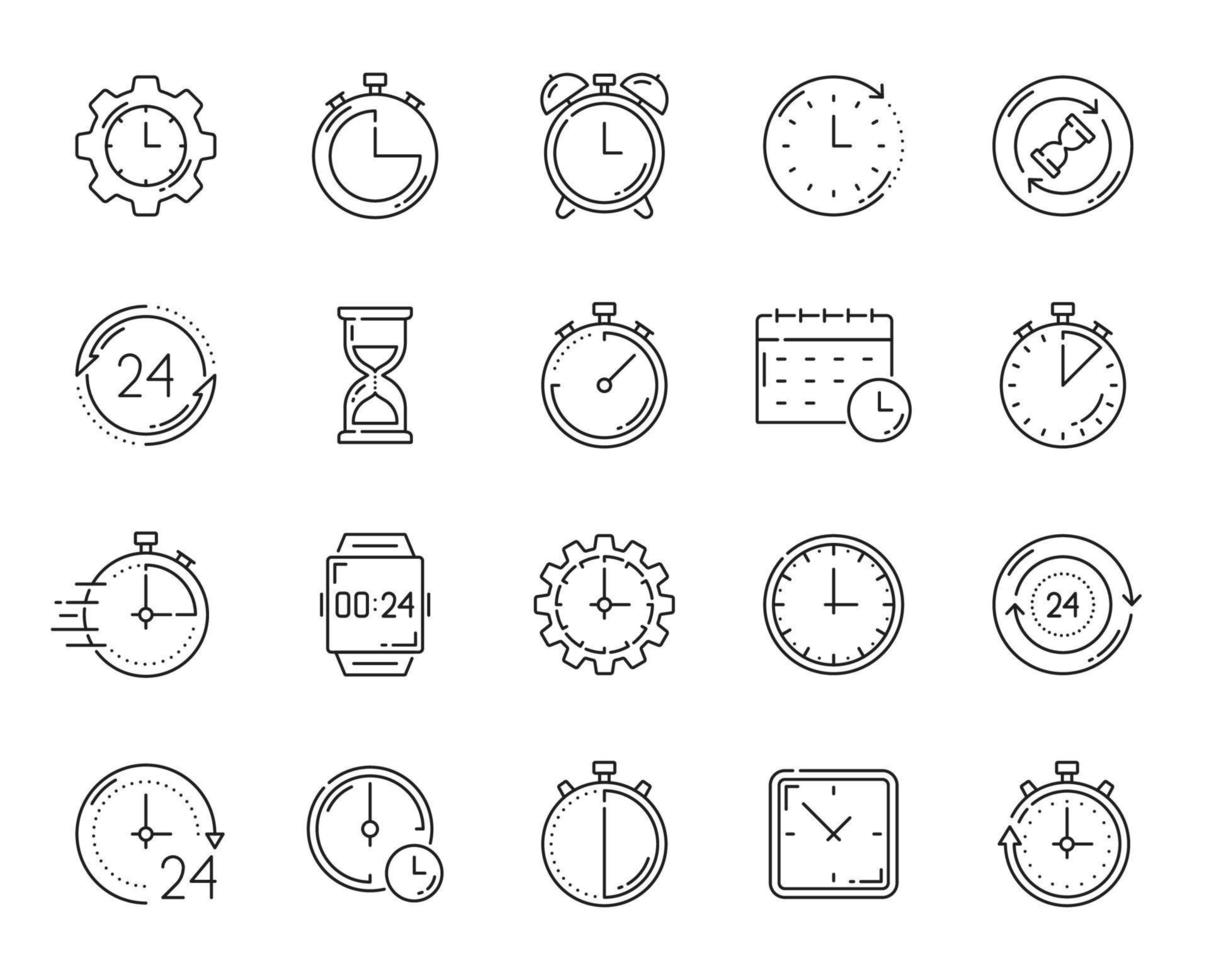 iconos de contorno de reloj, cronómetro y calendario vector