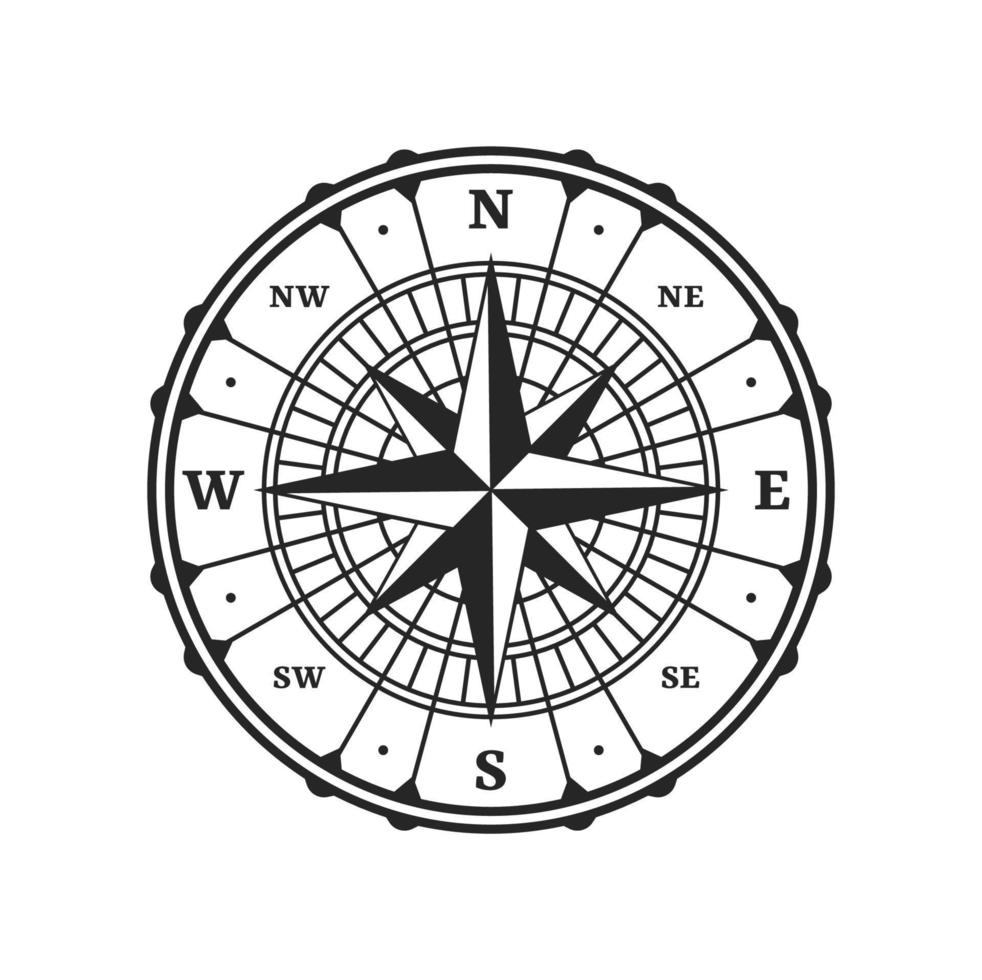 Old compass, vintage map wind rose symbol vector