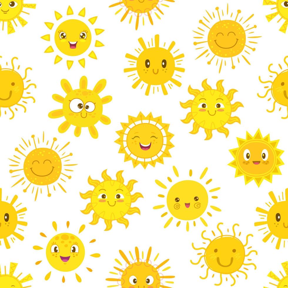 Funny cartoon sun characters seamless pattern vector