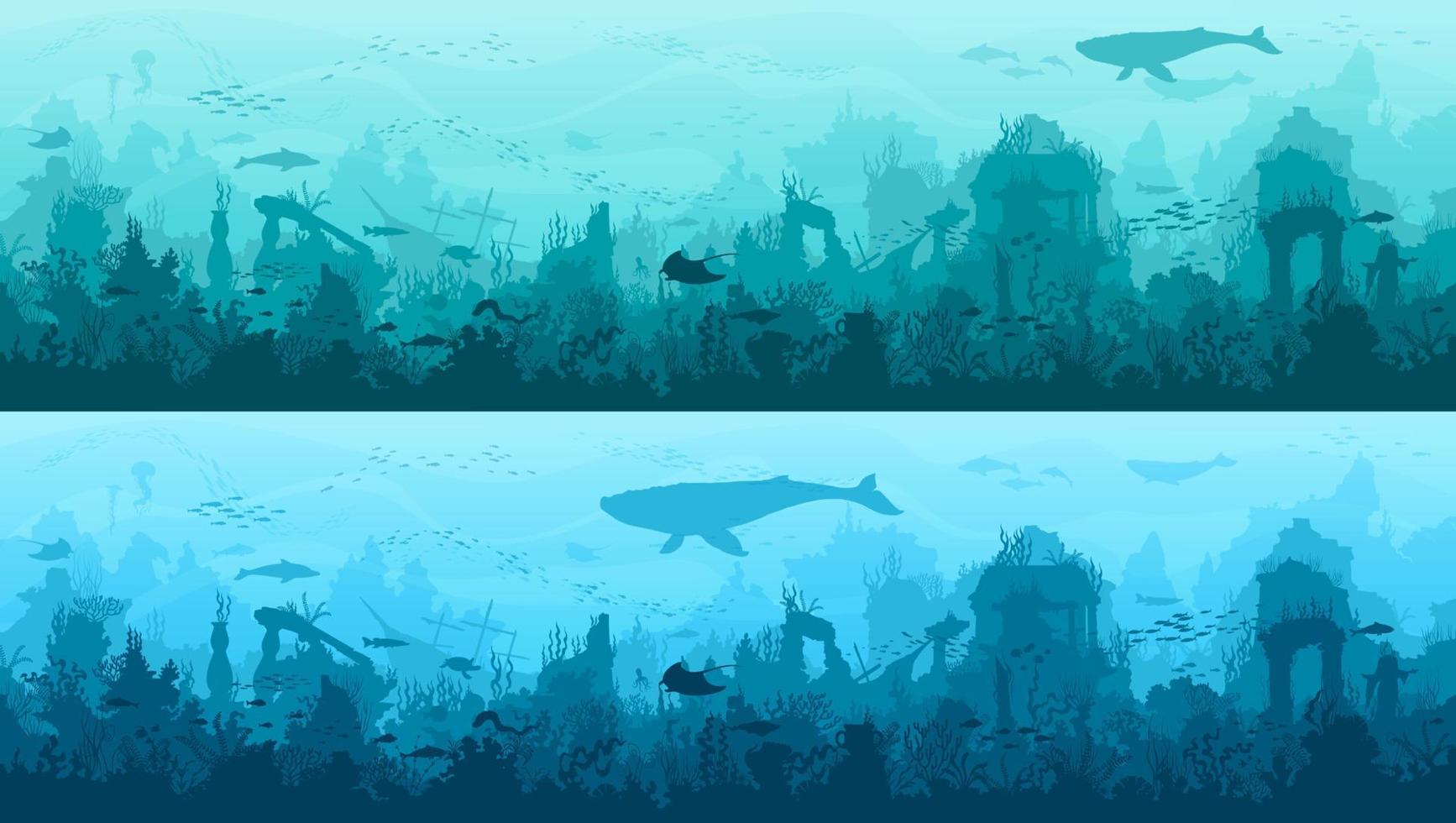 Underwater landscape, whale, sunken ancient city vector