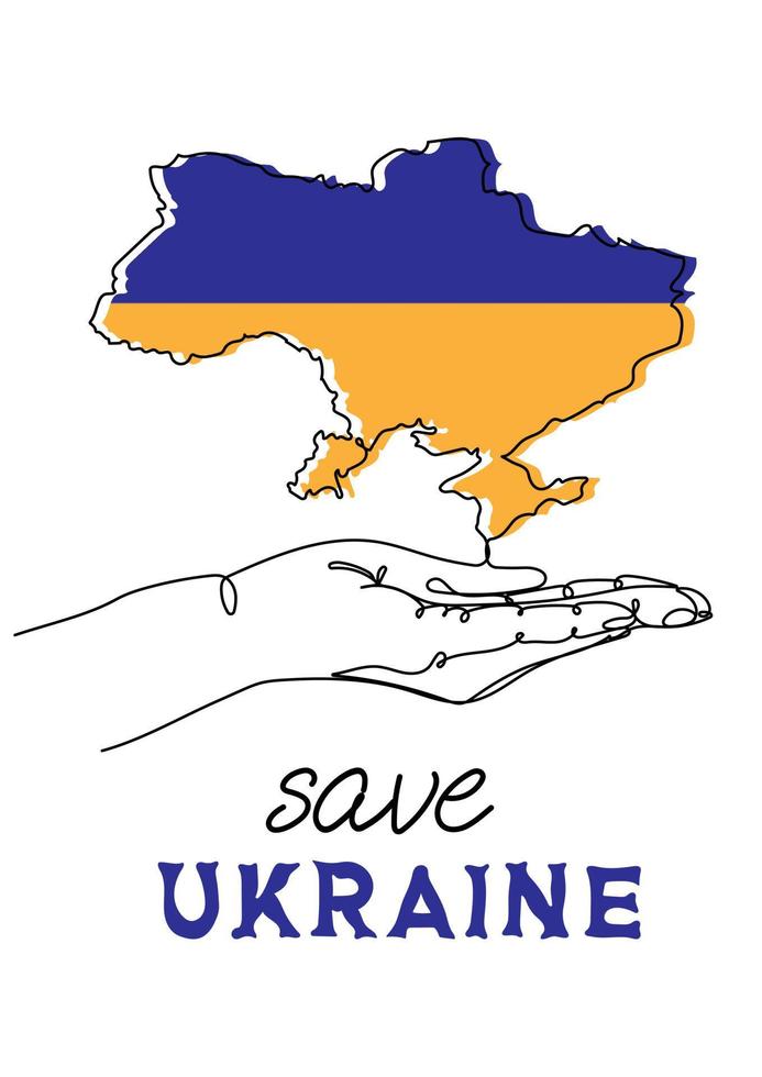 Save Ukraine. Continuous one line drawing of hand with Ukrainian map in blue and yellow colors of ukrainian flag vector