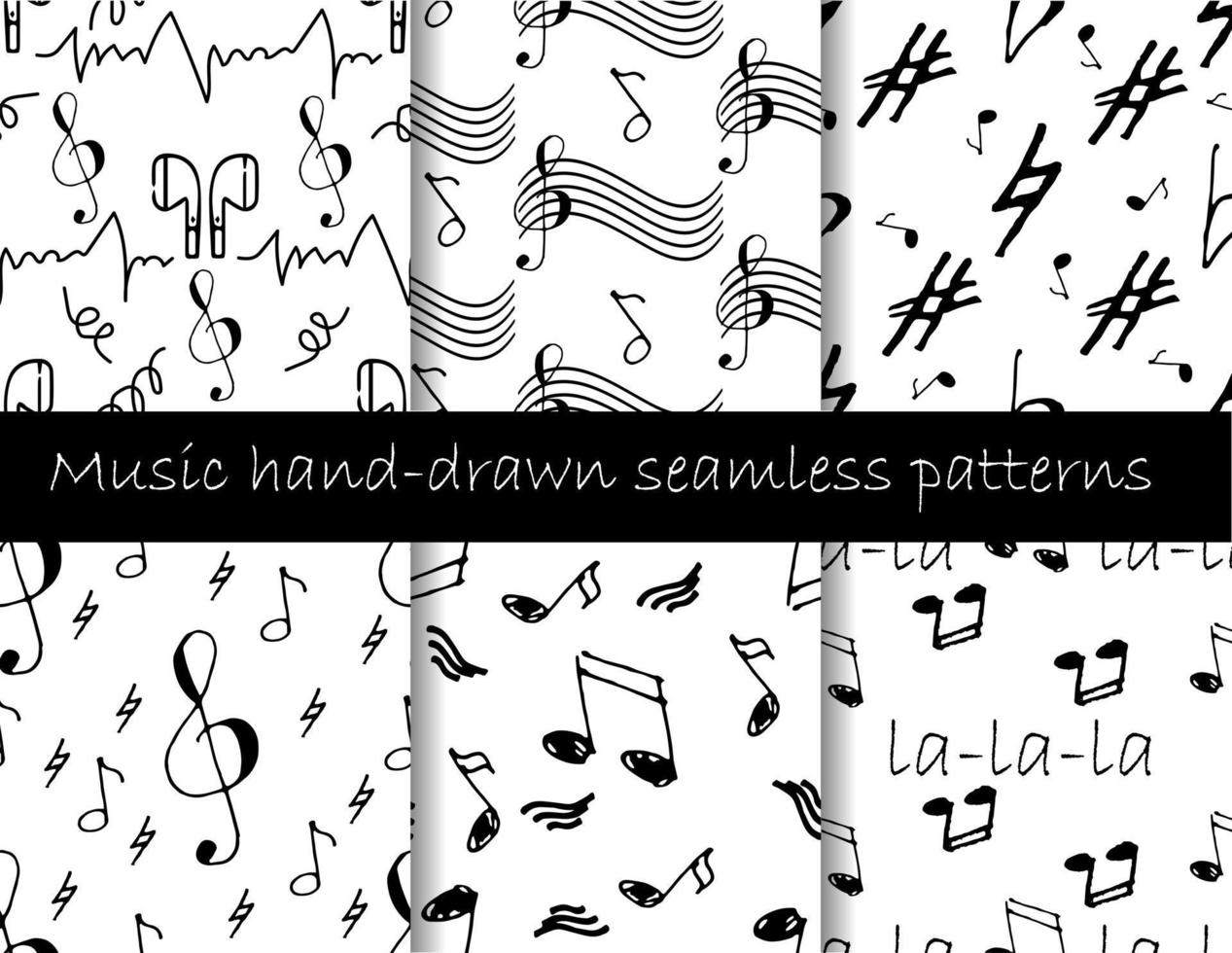 conjunto de patrones simples de dibujo a mano con diferentes signos musicales vector