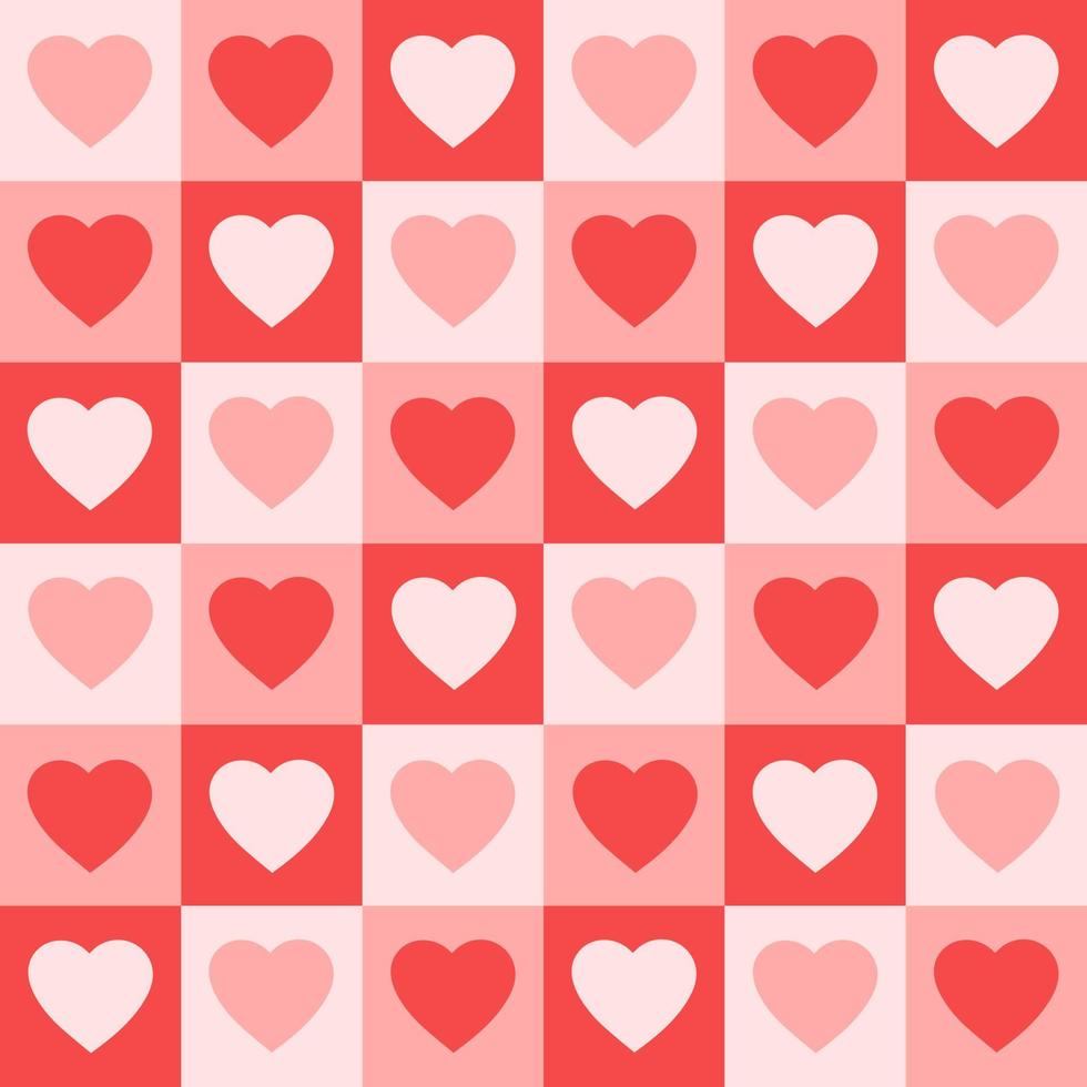 Monochrome seamless pattern with hearts on a checkered background. Modern retro illustration for decoration. Aesthetic vector print in style 60s, 70s. Pink colors