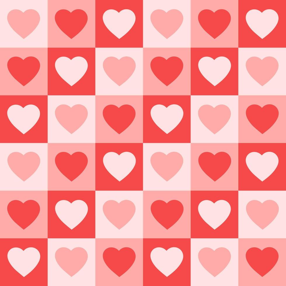 Monochrome seamless pattern with hearts on a checkered background. Modern retro illustration for decoration. Aesthetic vector print in style 60s, 70s. Pink colors