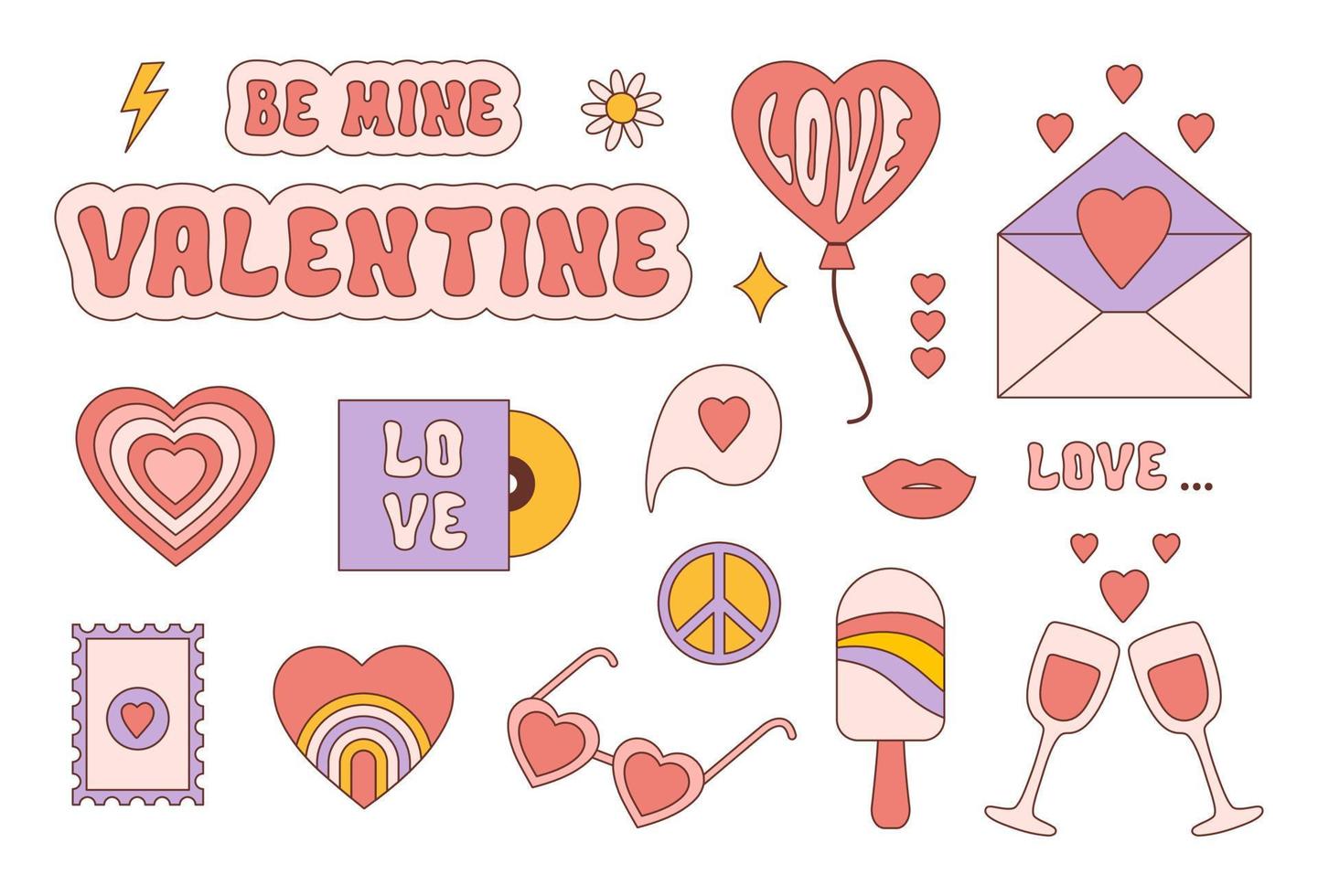 Retro groovy valentines day sticker set in style 60s, 70s. Trendy vintage icons isolated on a white background. Vector illustration