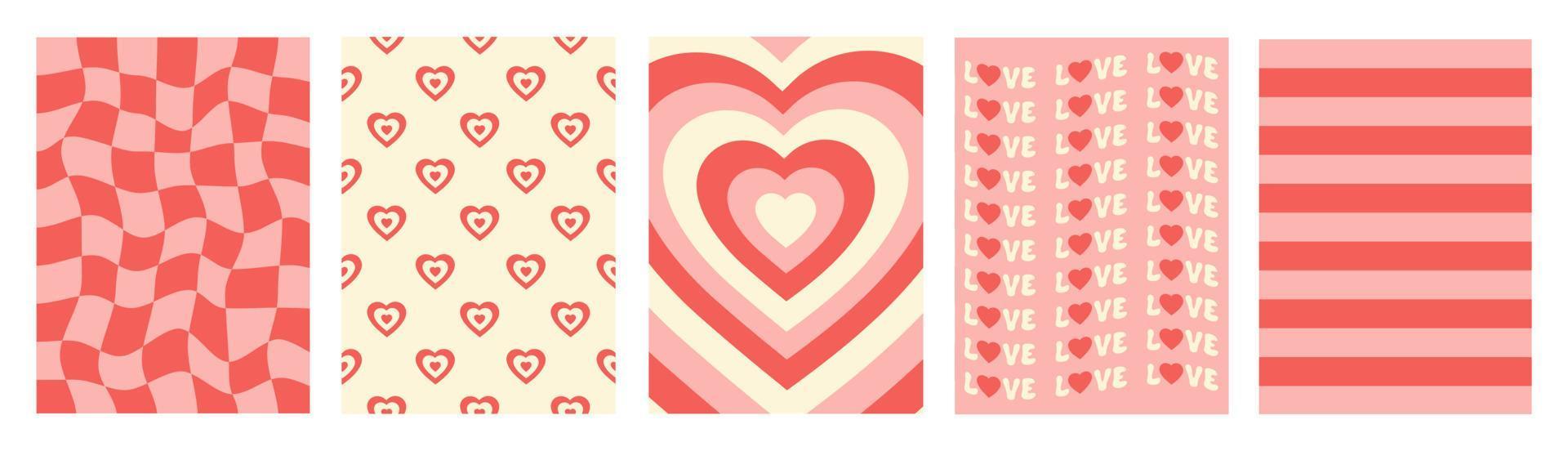 Groovy romantic set posters. Trendy backgrounds in retro style 60s, 70s. Happy Valentines day greeting card. Vector illustration
