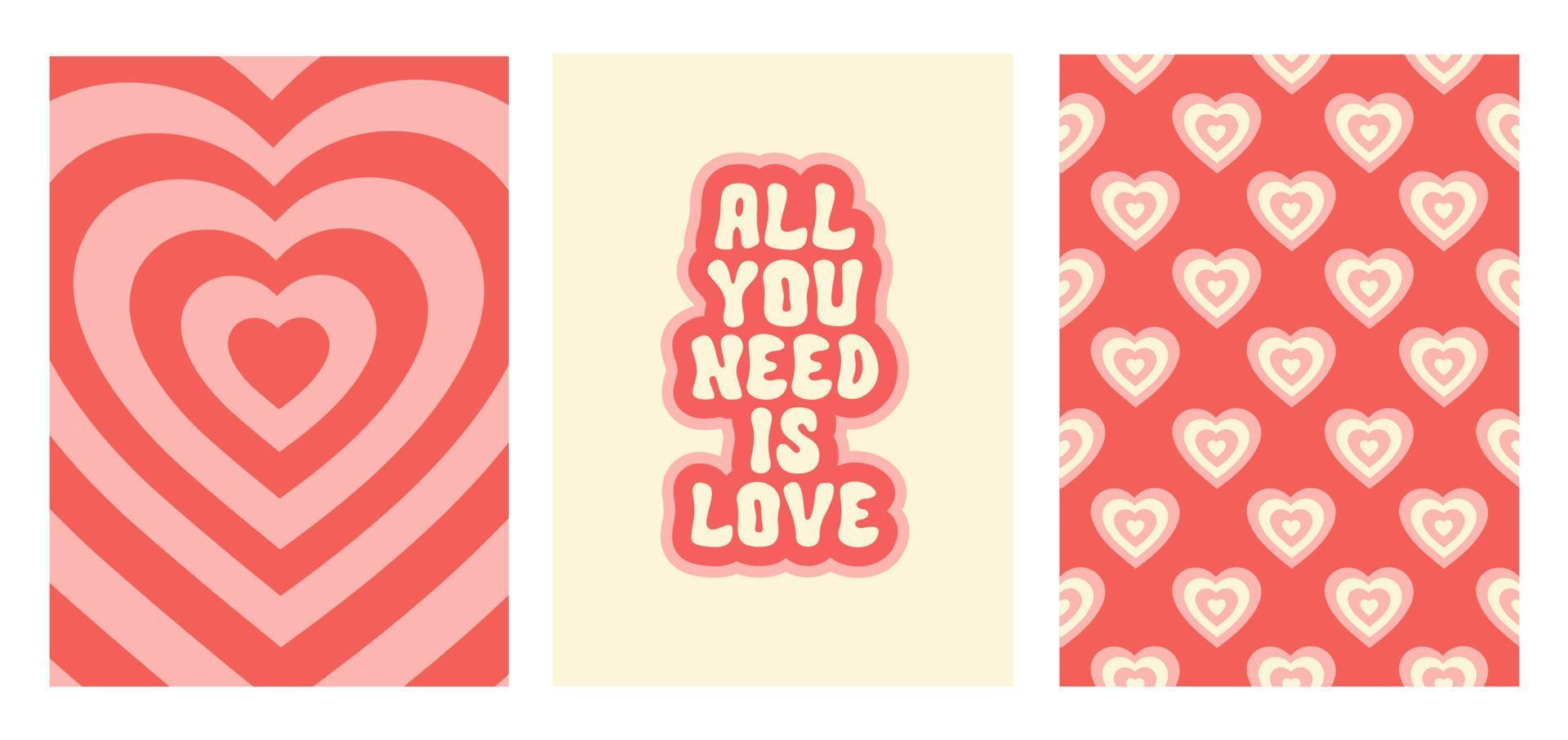 Groovy romantic set posters. Trendy backgrounds in retro style 60s, 70s. Happy Valentines day greeting card. Vector illustration
