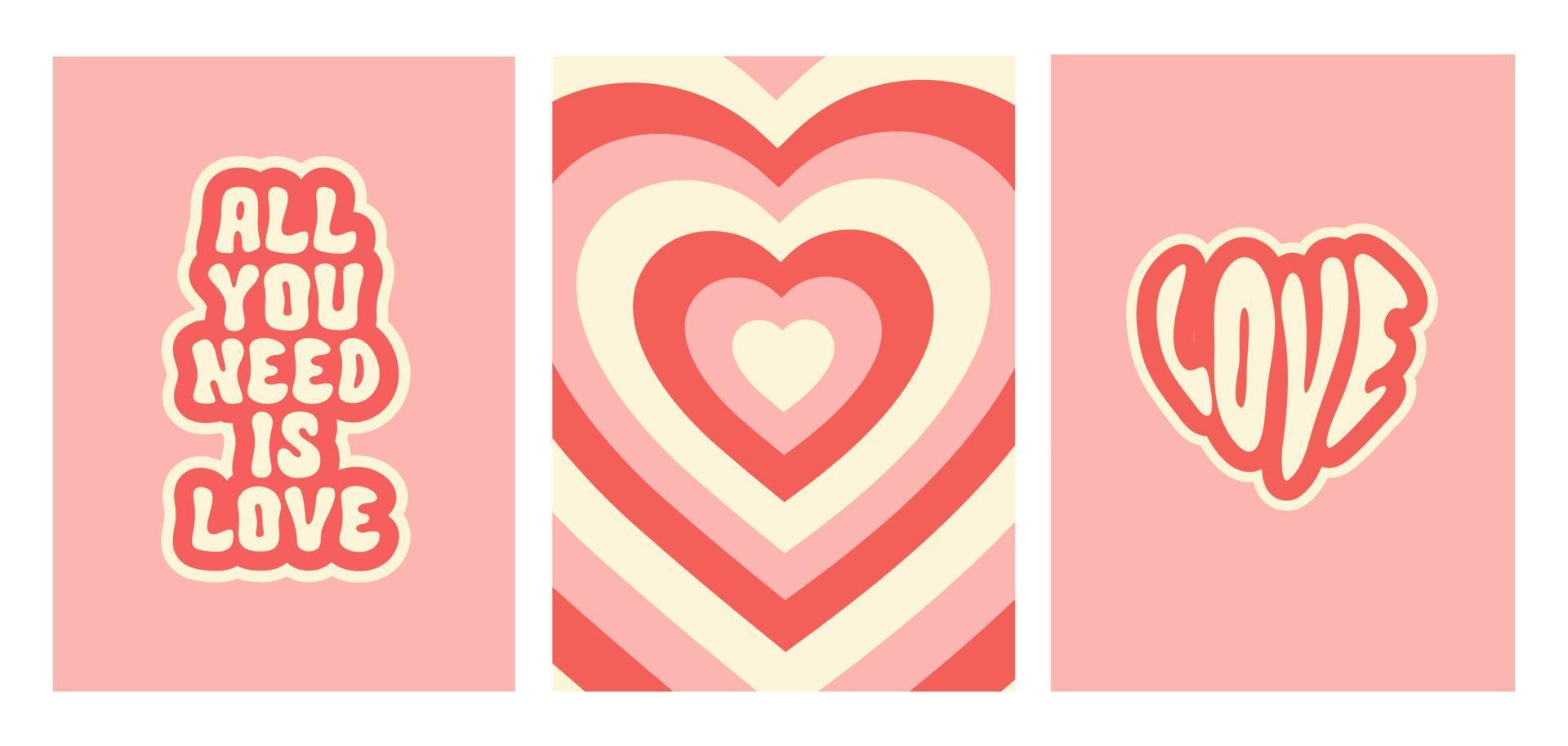 Groovy romantic set posters. Trendy backgrounds in retro style 60s, 70s. Happy Valentines day greeting card. Vector illustration