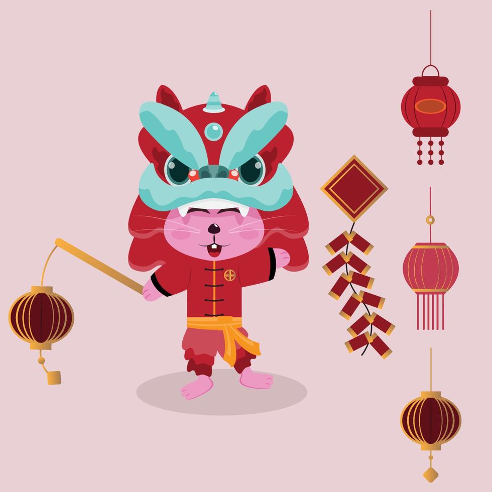 2023 chinese new year celebration with bunny and lion dance and lantern vector