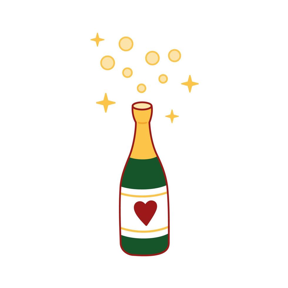 Bottle of champagne icon. Wine bottle with bubbles. Champagne vintage glass bottle of sparkling wine. Hand drawn Vector illustration in doodle style. Valentines day illustration