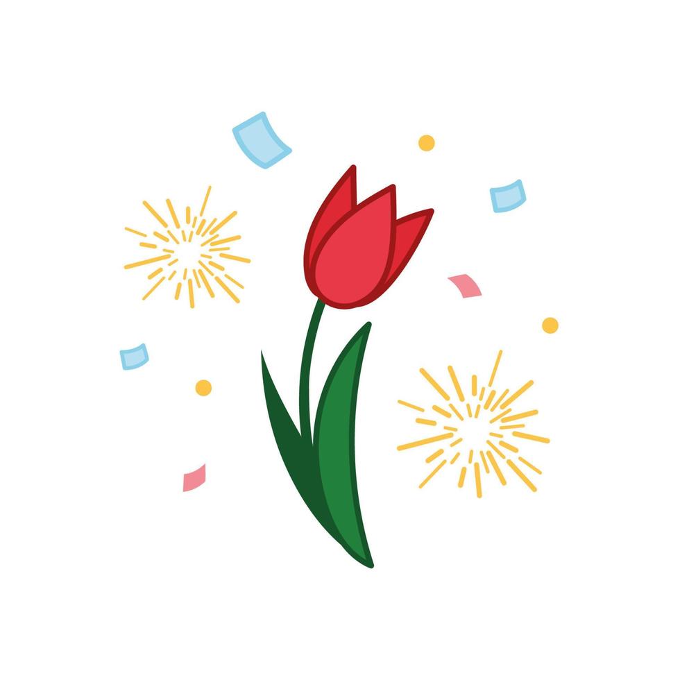 icono de flor de tulipán dibujado a mano con confeti y fuegos artificiales. ilustración vectorial en estilo garabato. regalo del día de san valentín, presente. icono de diseño, impresión, logotipo, símbolo, decoración. vector