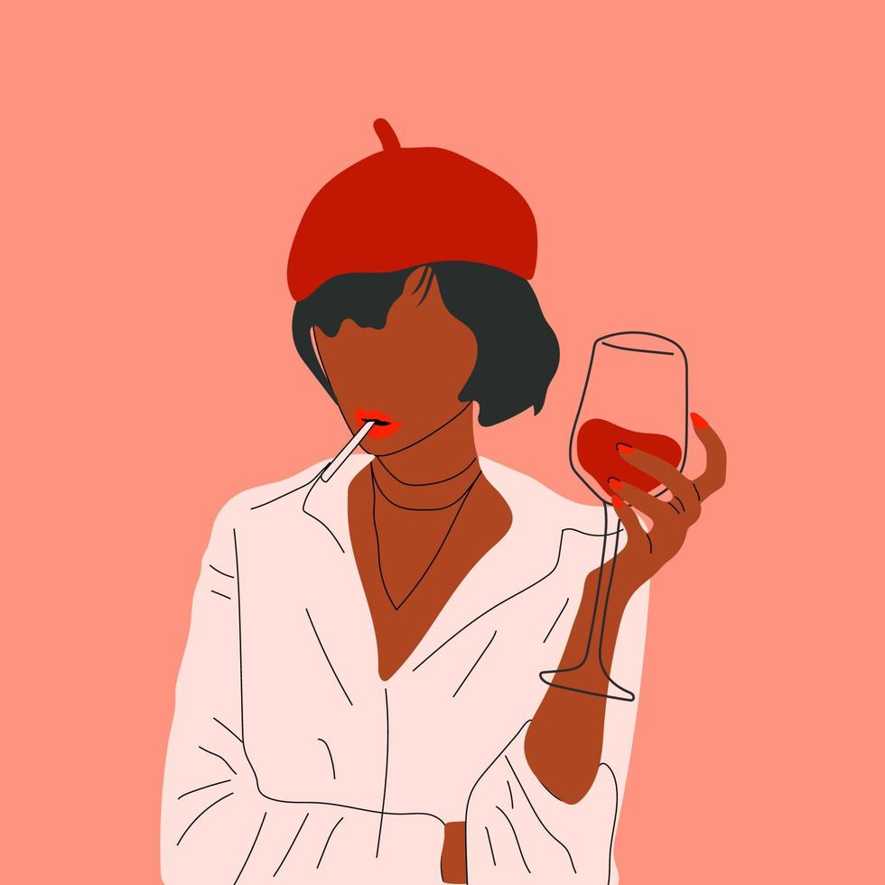 Abstract portrait of woman with glasses of wine. Female drinks wine. Minimalist vine lovers. Trendy vector illustration isolated on white background