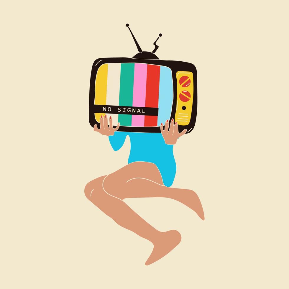 Girl holds an old tv in her hands .Retro fashion style from 80s. Vector illustrations in trendy colors.