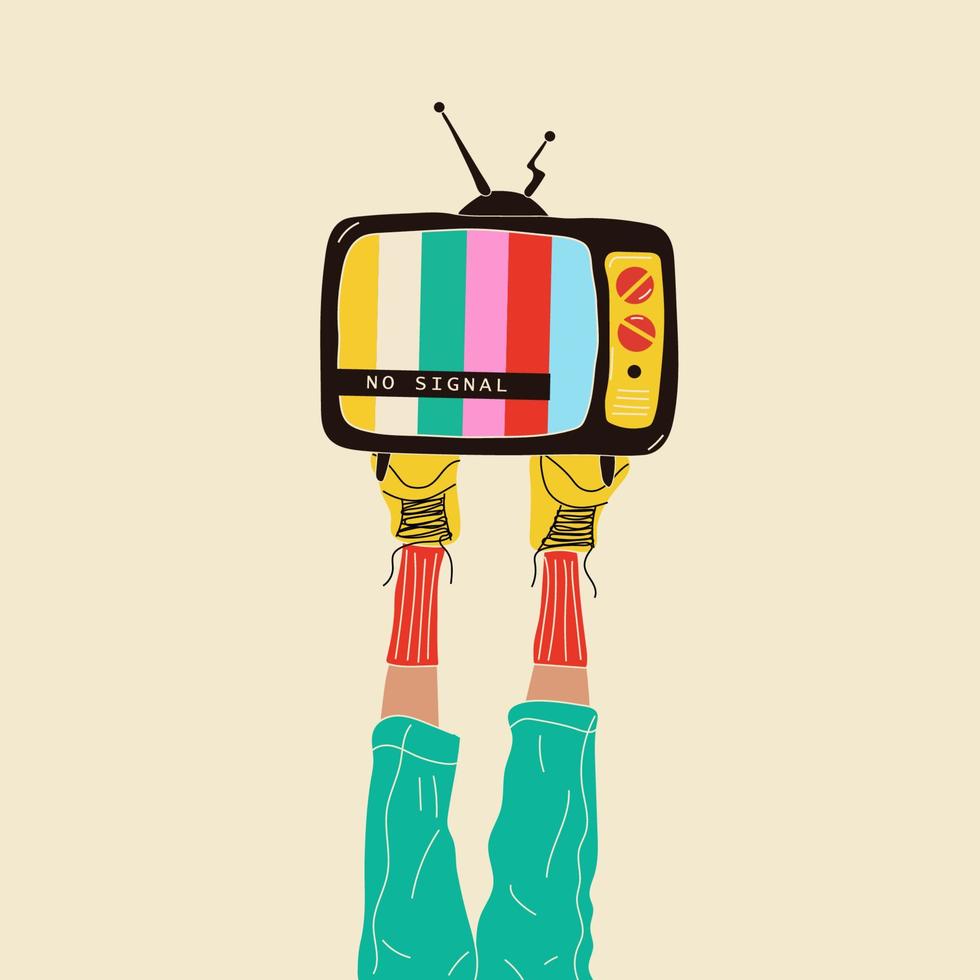 Girl holds an old tv on her legs .Retro fashion style from 80s. Vector illustrations in trendy colors.