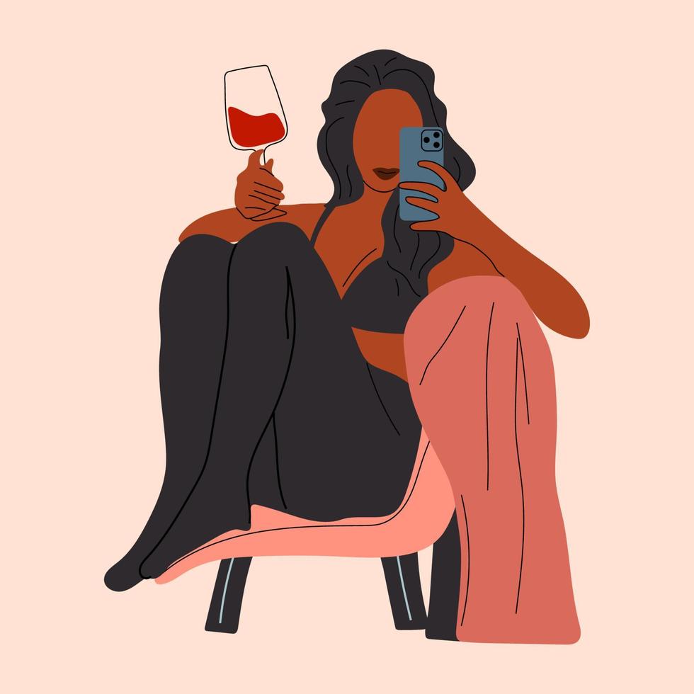 Abstract portrait of woman with glasses of wine. Female drinks wine. Minimalist vine lovers. Trendy vector illustration isolated on white background