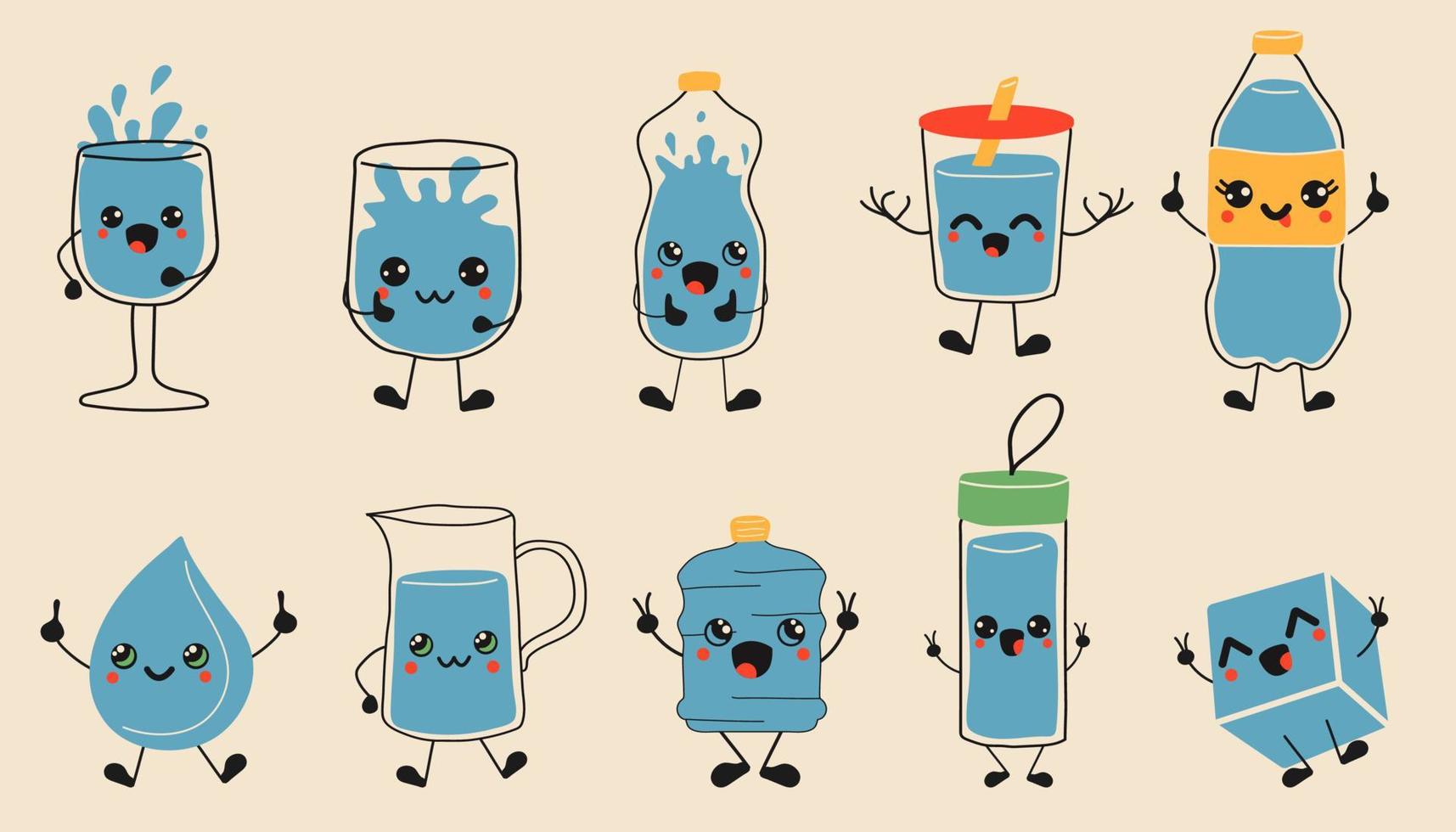 garabatear bebe más agua. adorables y graciosas mascotas de agua dibujadas a mano en taza, vaso y botella, los rituales saludables beben más conjunto de ilustraciones de vectores de agua. jarra, taza con pajita, termo con caras