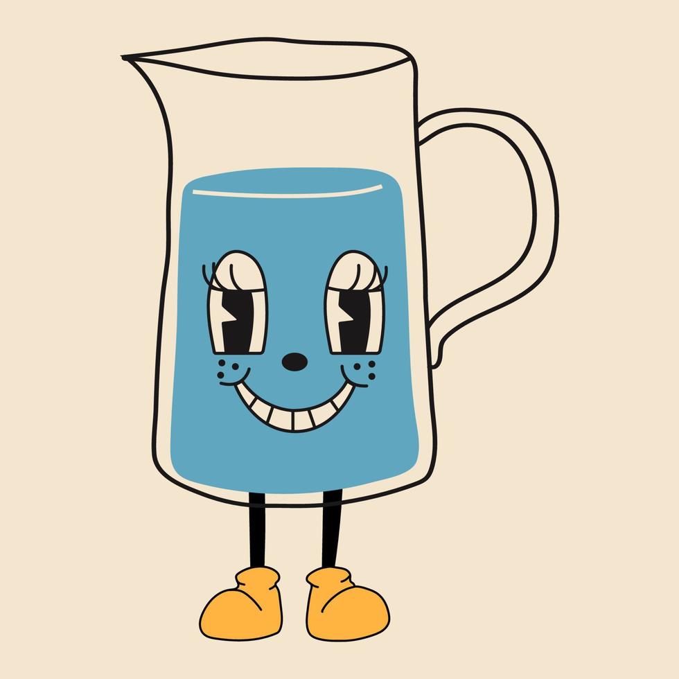 Jug of water 30s cartoon mascot character 40s, 50s, 60s old animation style. vector