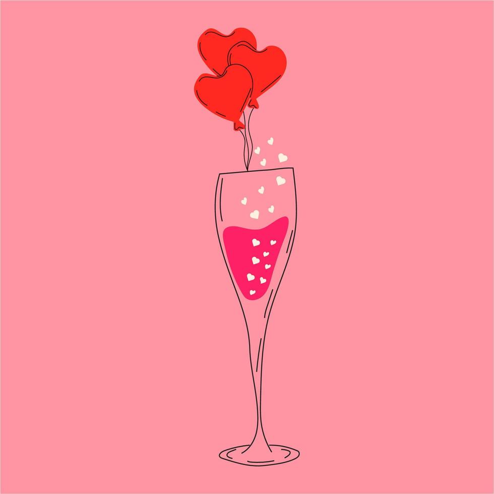 Glass of champagne decorated for Valentine's Day. Love. All elements are isolated vector