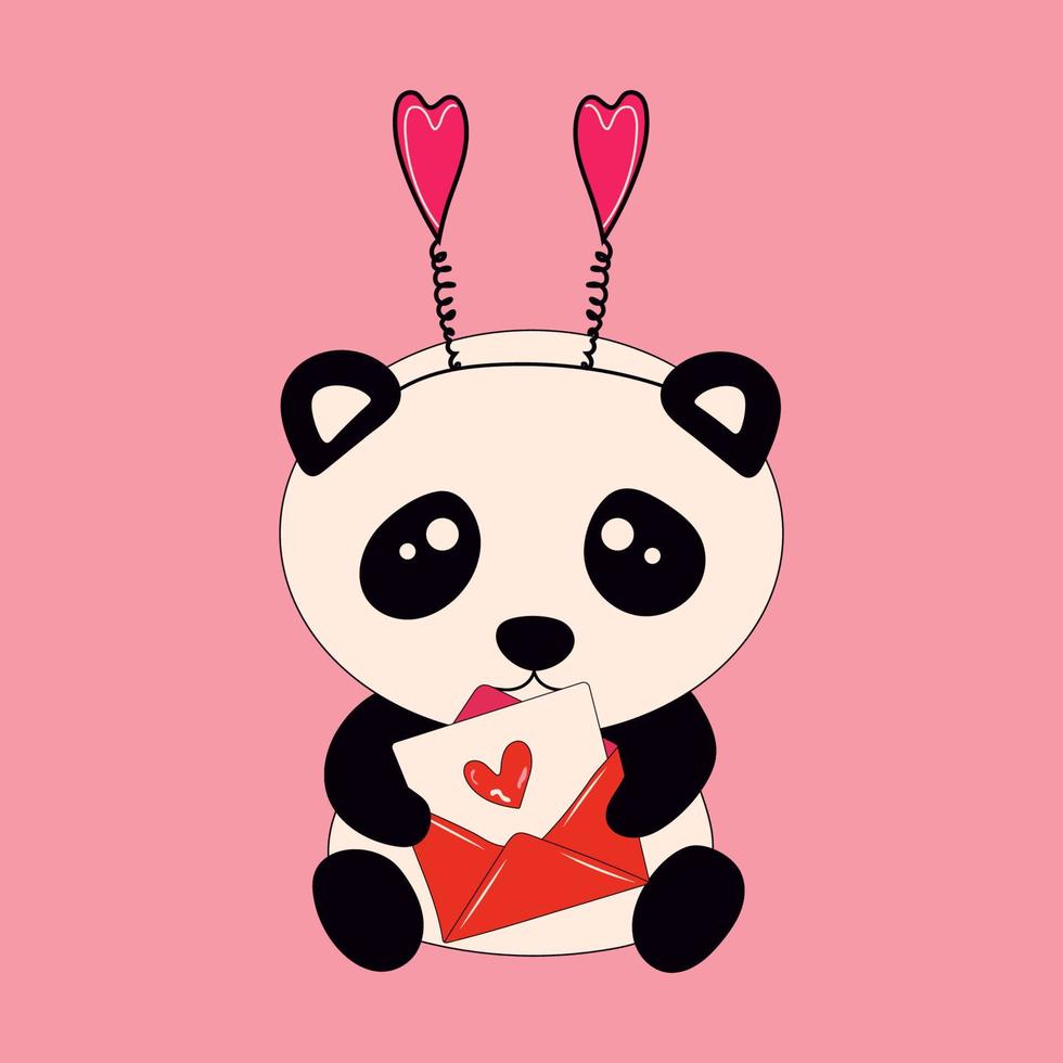 Cute little sitting panda holds envelope with hearts. Cartoon animal character for kids cards, baby shower, invitation, poster, t-shirt composition, house interior. Vector stock illustration