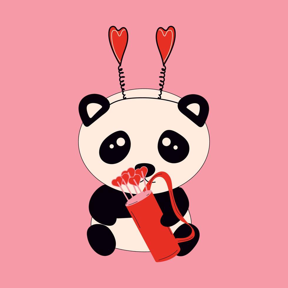 lindo pequeño panda sentado sostiene las flechas de amor de Cupido. personaje animal de dibujos animados para tarjetas de niños, baby shower, invitación, afiche, composición de camisetas, interior de la casa. ilustración de stock vectorial vector