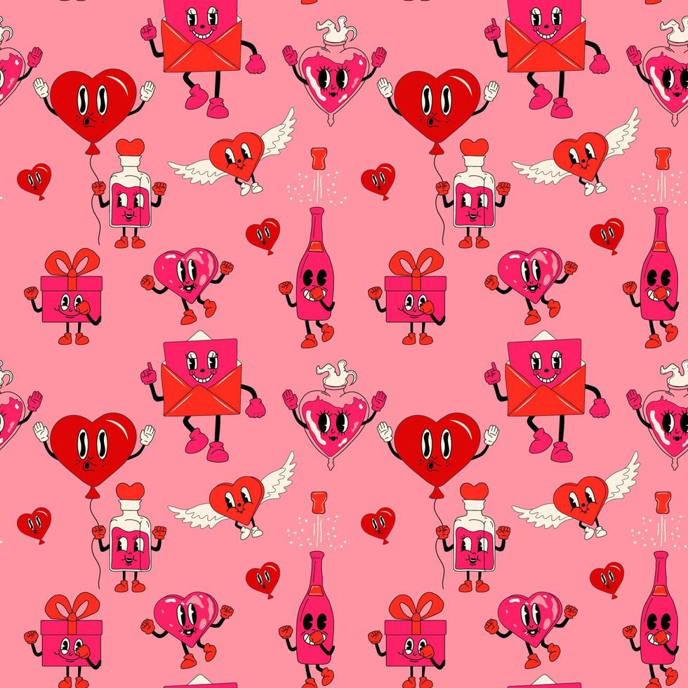 Seamless Pattern with Set Set of cute vector love stickers for daily planner and diary on dark background. 30s cartoon mascot character 40s, 50s, 60s old animation style.Valentine's Day concept