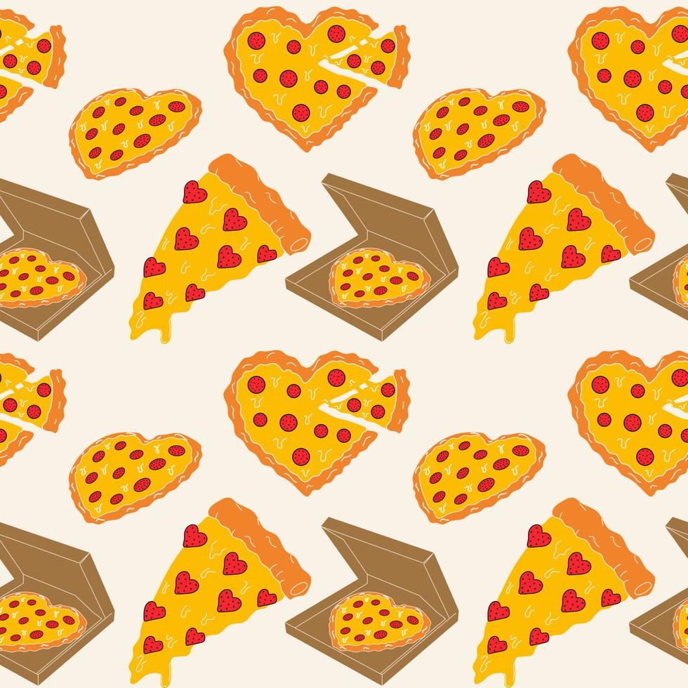 Seamless Pattern with Pizza in the form of a heart. Valentine's Day concept vector
