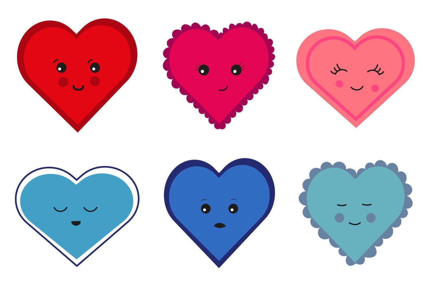 Set of red, pink and blue hearts. Hearts with different emotions and design. Smiling heart. Sad heart. Love icon sticker set. Valentine's day illustration vector. vector