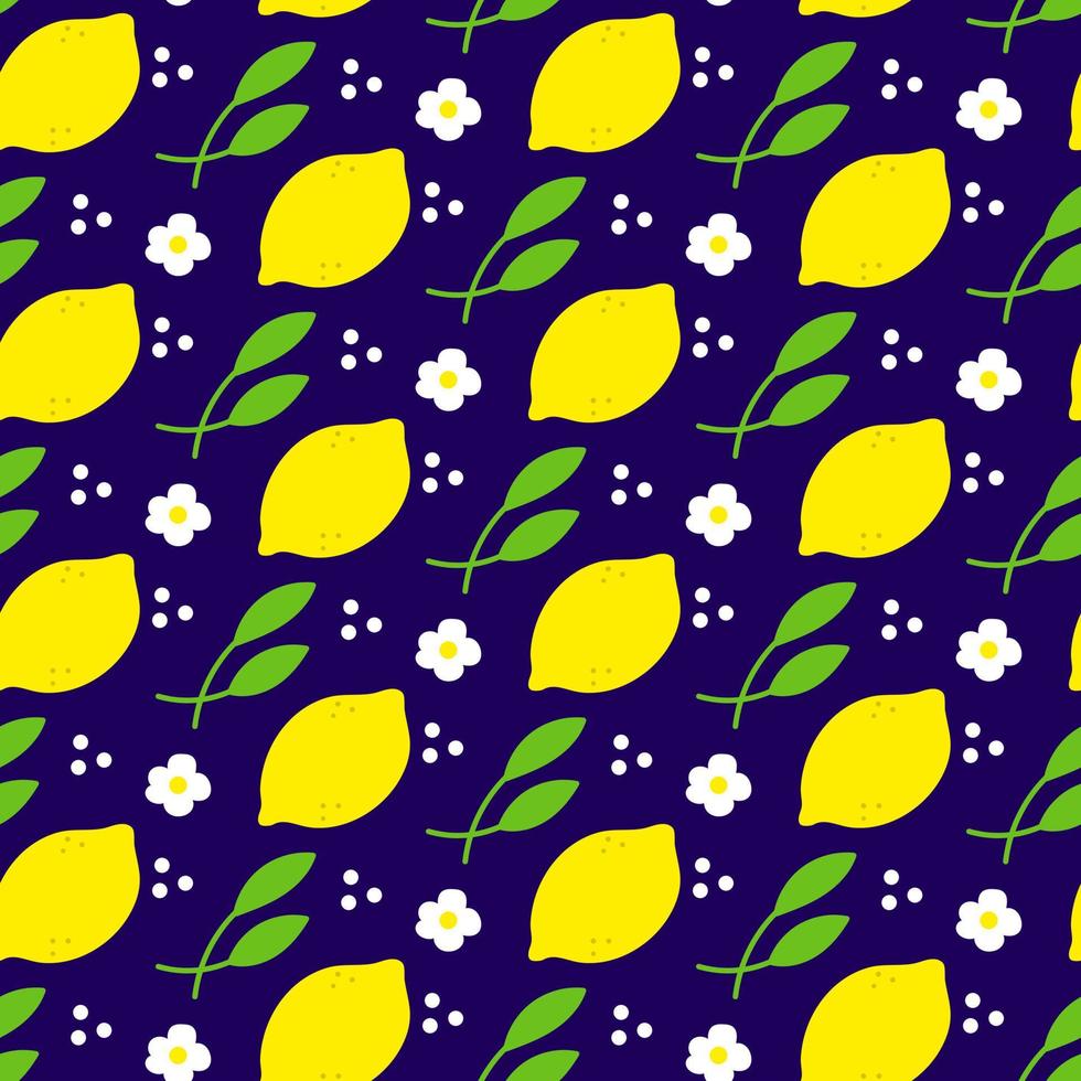 Pattern with lemon, leaves, flower chamomile and white dots. Modern natural minimalism background design. vector