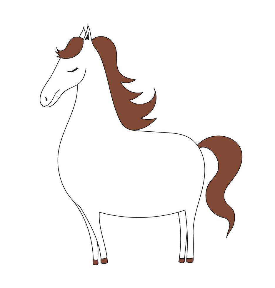 White horse with a brown mane. Doodle horse. Vector simple kid illustration.