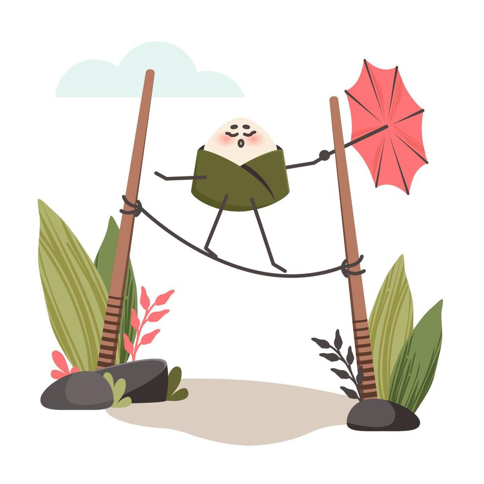 Cute Cartoon character walks with umbrella on rope. Onigiri as traditional Japanese dish. Doodle drawn vector illustration for menu, poster, flyer, banner, cooking concept