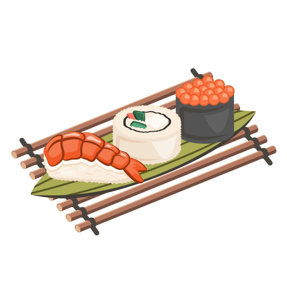 Asian food. Kawaii nigiri sushi maki, sashimi, rolls on leaves. Traditional dish closeup. Vector flat illustration for menu, poster, flyer, banner, cooking concept