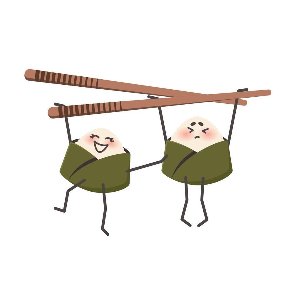 Onigiri as traditional japanese food. Funny cute characters hanging from sushi chopsticks. Doodle drawn vector illustration for menu, poster, flyer, banner, cooking concept