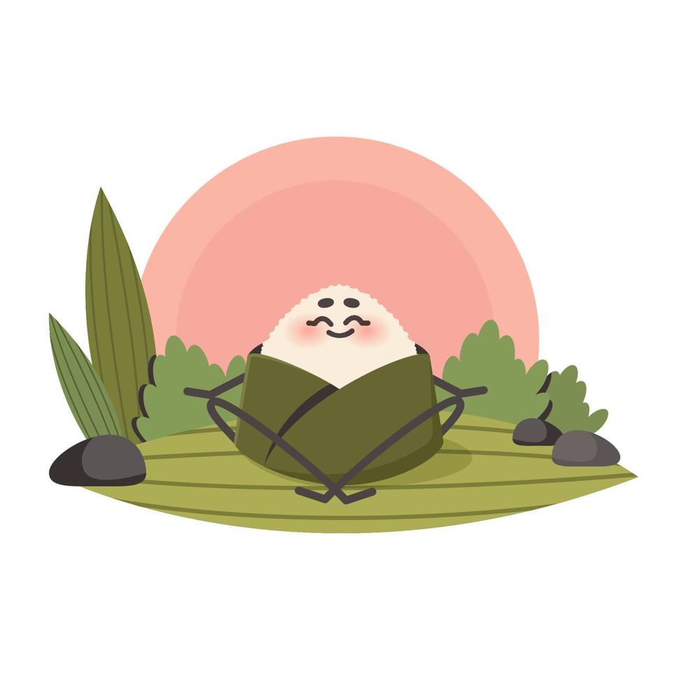 Cute onigiri in lotus pose  meditating in nature. Asian food. Rice ball as traditional japanese dish. Doodle drawn vector illustration for menu, poster, flyer, banner, cooking concept