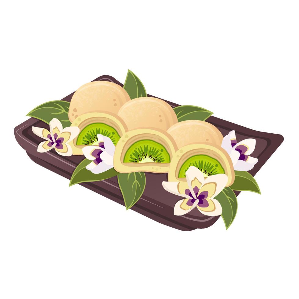 Yellow Mochi with kiwi fruit, sakura blossoms. Half and whole Japanese cakes made from rice flour. Vector flat drawn illustration for restaurant dishes, menu, sweet, cooking concept