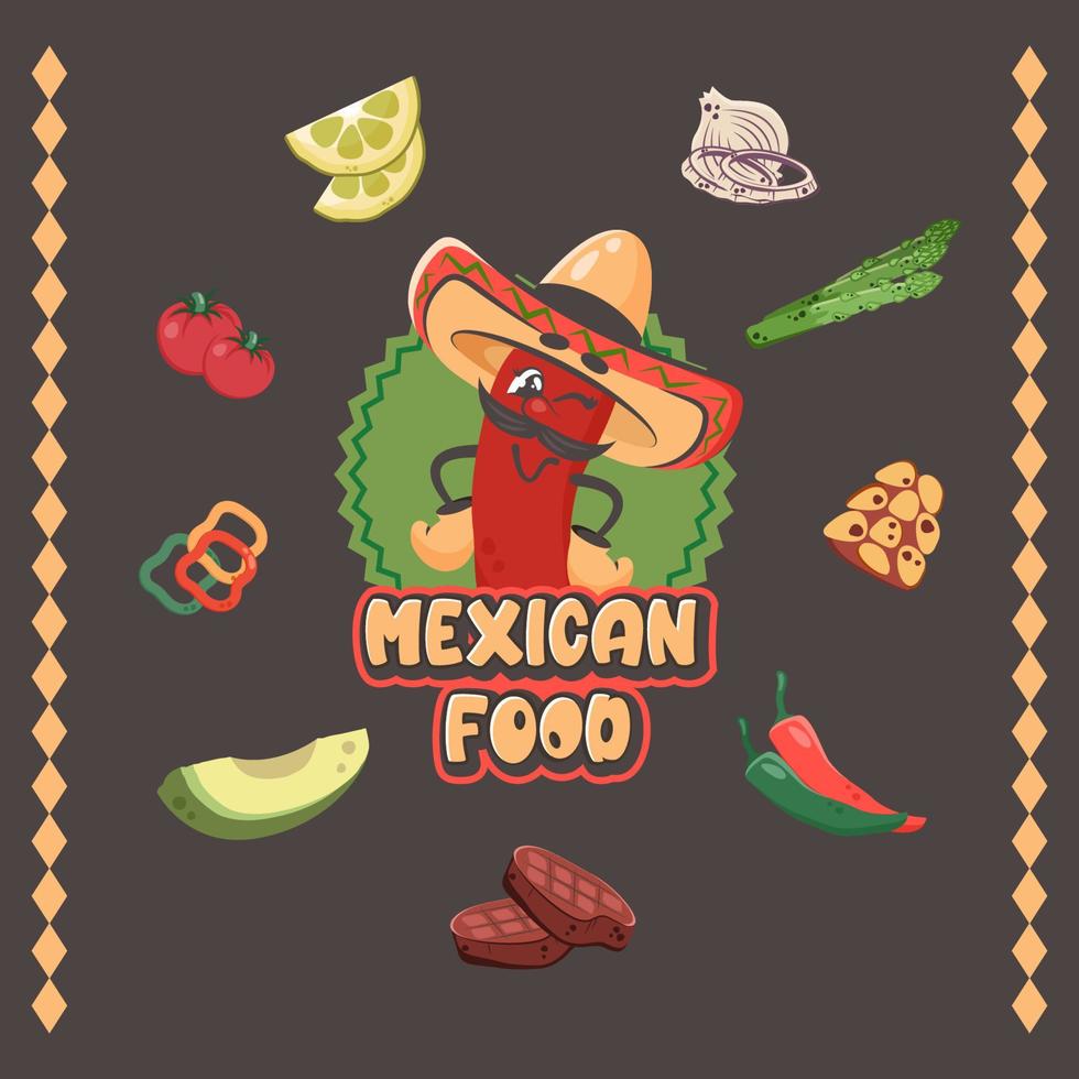 Food banner with Cartoon comic chilli pepper as main ingredient of Mexican cuisine. Vegetables and Colorful text. Vector flat drawn illustration for menu, poster, flyer, banner, delivery, cooking