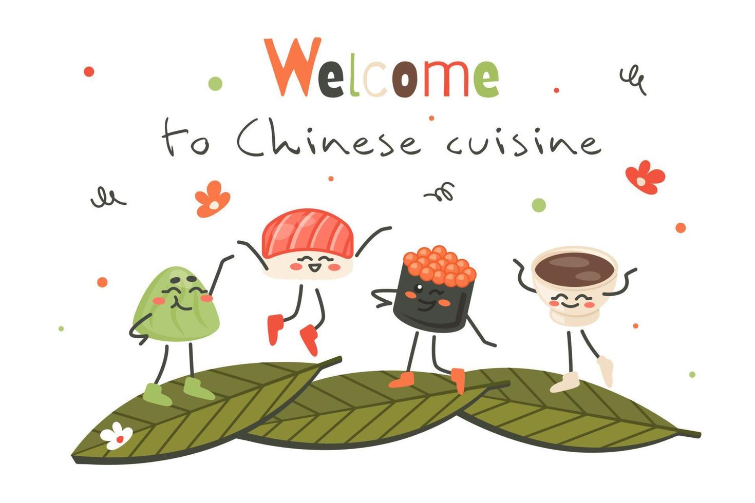 Cute Cartoon characters invite into Chinese cuisine. Japanese nigiri sushi roll, sashimi, vassabi, sauce. Doodle vector illustration with text for menu, poster, banner, delivery, cooking concept